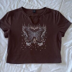 SHEIN Brown Butterfly Embellished Crop Top